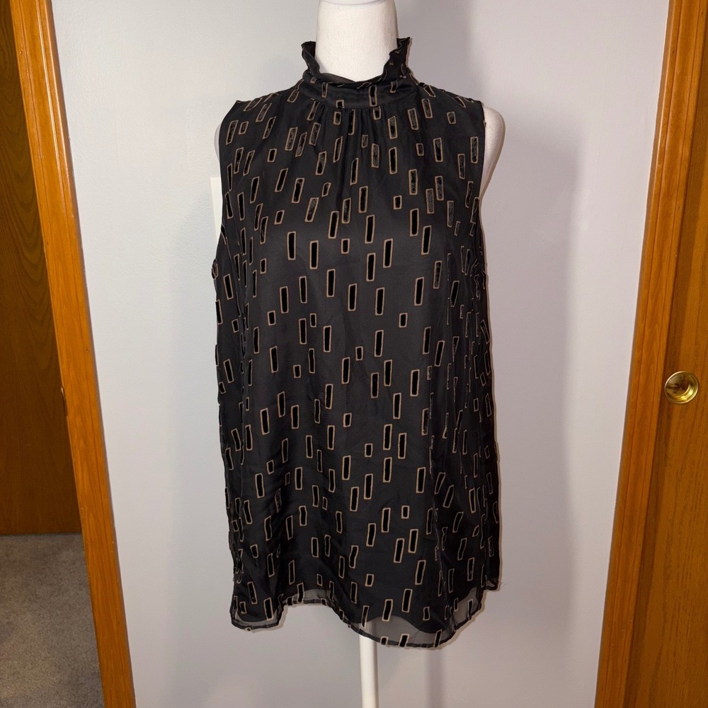 Lafayette 148‎ Mock Neck Sleeveless Blouse Velvet Detail Black Size M